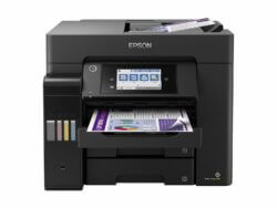 Epson multifunction printer with open trays and display.