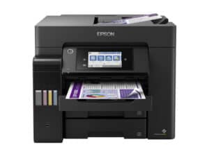 Epson multifunction printer with open trays and display.