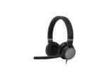 Black wired headset with microphone on white background.