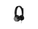 Black over-ear wired headphones on white background.