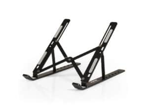 Adjustable black laptop stand on white background.