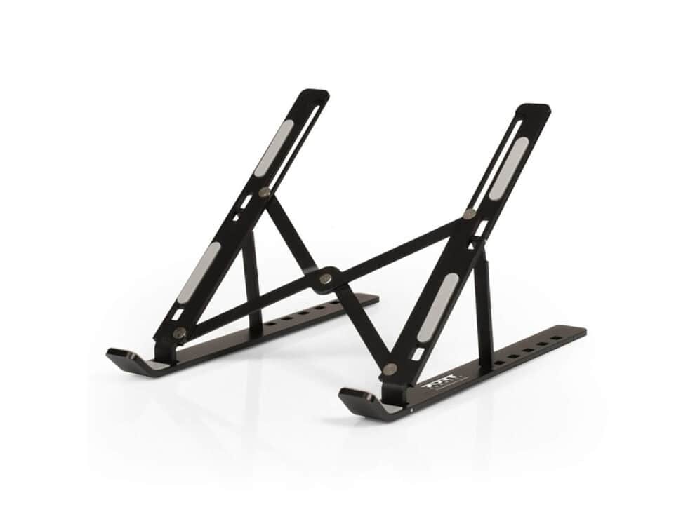 port notebook stand foldable travel 15.6 inch Adjustable black laptop stand on white background.