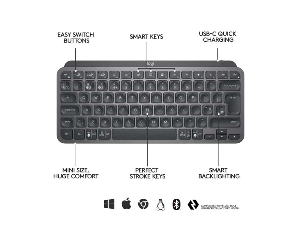 logitech mx keys mini minimalist wireless illuminated keyboard graphite us int'l 2.4ghz/bt n/a intnl