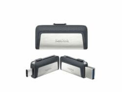 SanDisk flash drives with USB and USB-C connectors.