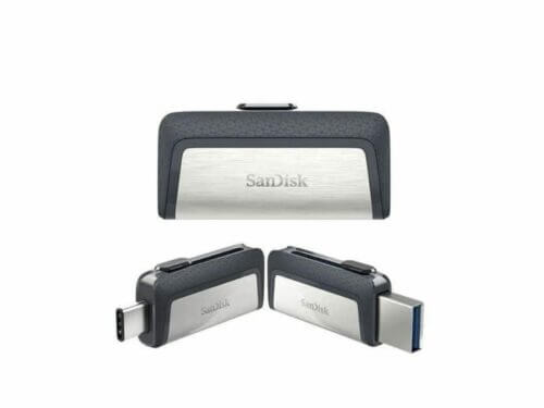 SanDisk flash drives with USB and USB-C connectors.