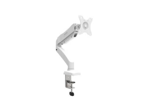 Adjustable white monitor arm on white background.