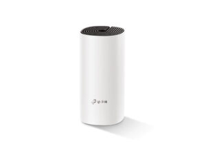 White cylindrical smart WiFi router on white background.