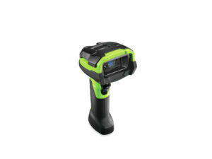 Green handheld barcode scanner on white background