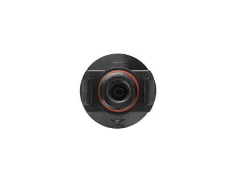 Compact black and orange action camera.