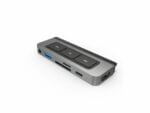 USB-C multiport adapter with media controls on white background.