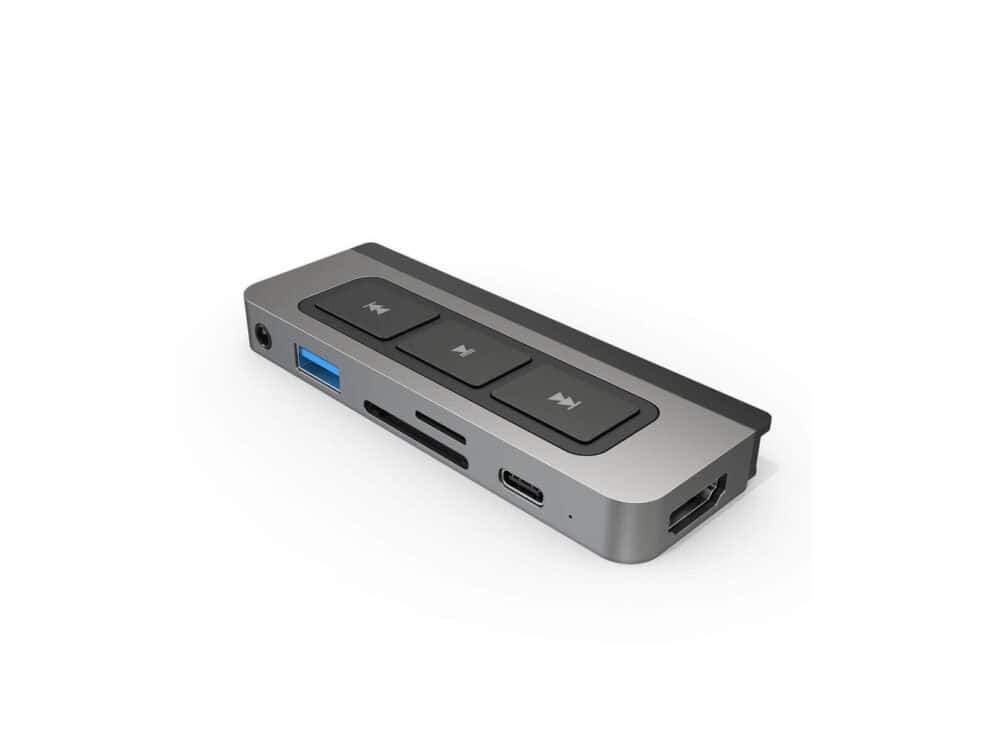 hyper hyperdrive media 6 in 1 usb c hub for ipad pro/air silver USB-C multiport adapter with media controls on white background.