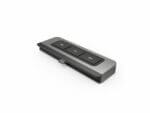 Black wireless presentation remote control on white background.