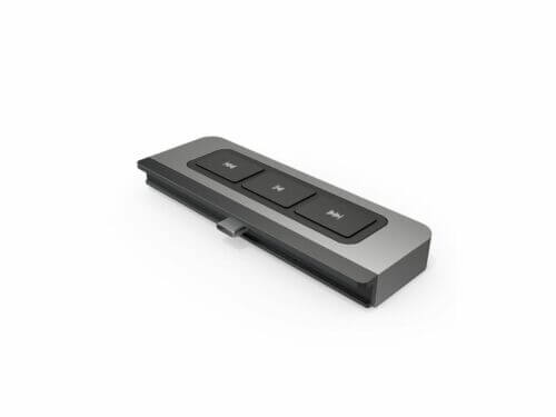 Black wireless presentation remote control on white background.