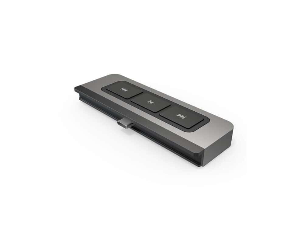 Black wireless presentation remote control on white background.
