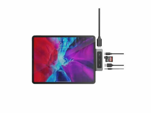Tablet with multiport USB-C hub attached.