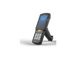 Handheld barcode scanner on white background.
