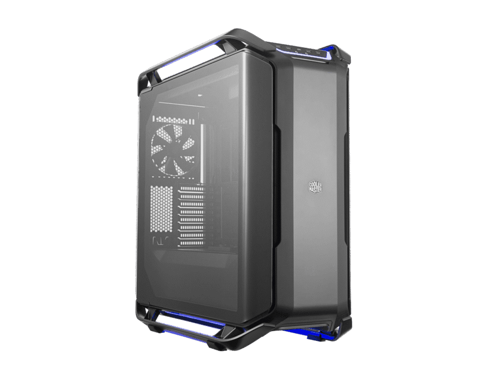 cooler master cosmos c700p xl atx; black edition; curved tempered side window; argb lighting; handles; 4 x 140mm pwm fans High-end gaming computer tower with blue LED accents.