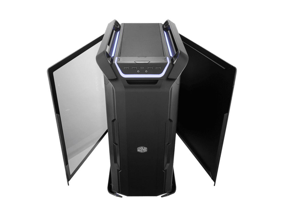 High-end gaming computer tower with LED lights.