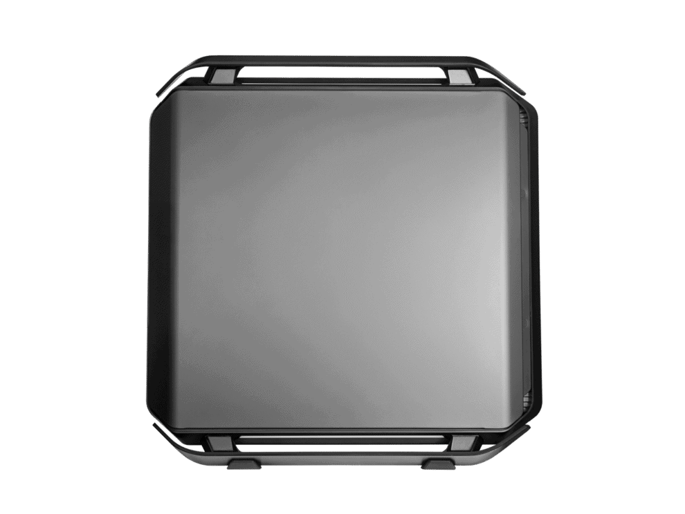 Black metallic briefcase on black background.