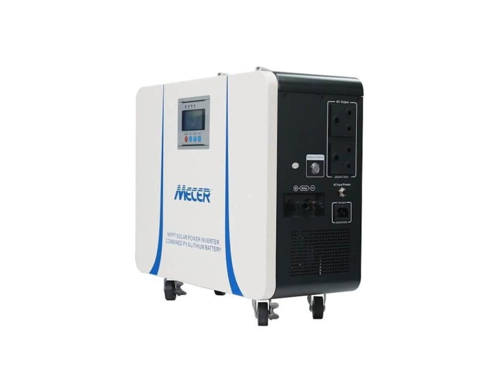 mecer 1kw 25.6v 50ah lithium battery 820w mppt Solar power inverter with battery on white background.
