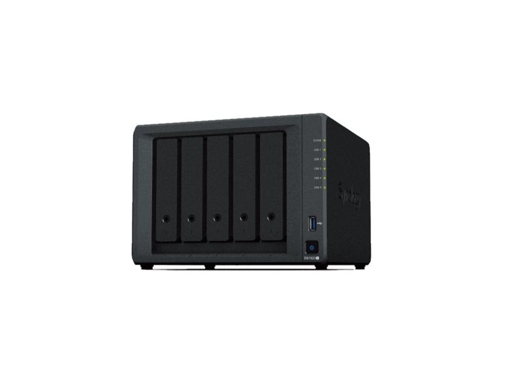 diskstation 5 bay nas (up to 15 bay); quad core 2.0ghz; 8gb ddr4 ram (non ecc); 1x m.2 ssd slot; 4x gbe lan; 2x usb3.0; 2x esata Five-bay NAS storage device