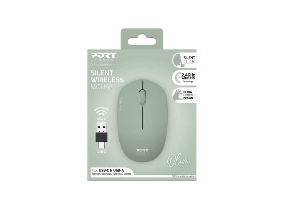 Silent wireless mouse in packaging, olive green, USB-C/A compatible.