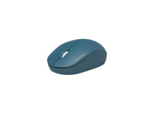 Wireless blue optical mouse on white background.