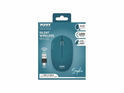 Silent wireless mouse with USB-C connectivity in packaging.