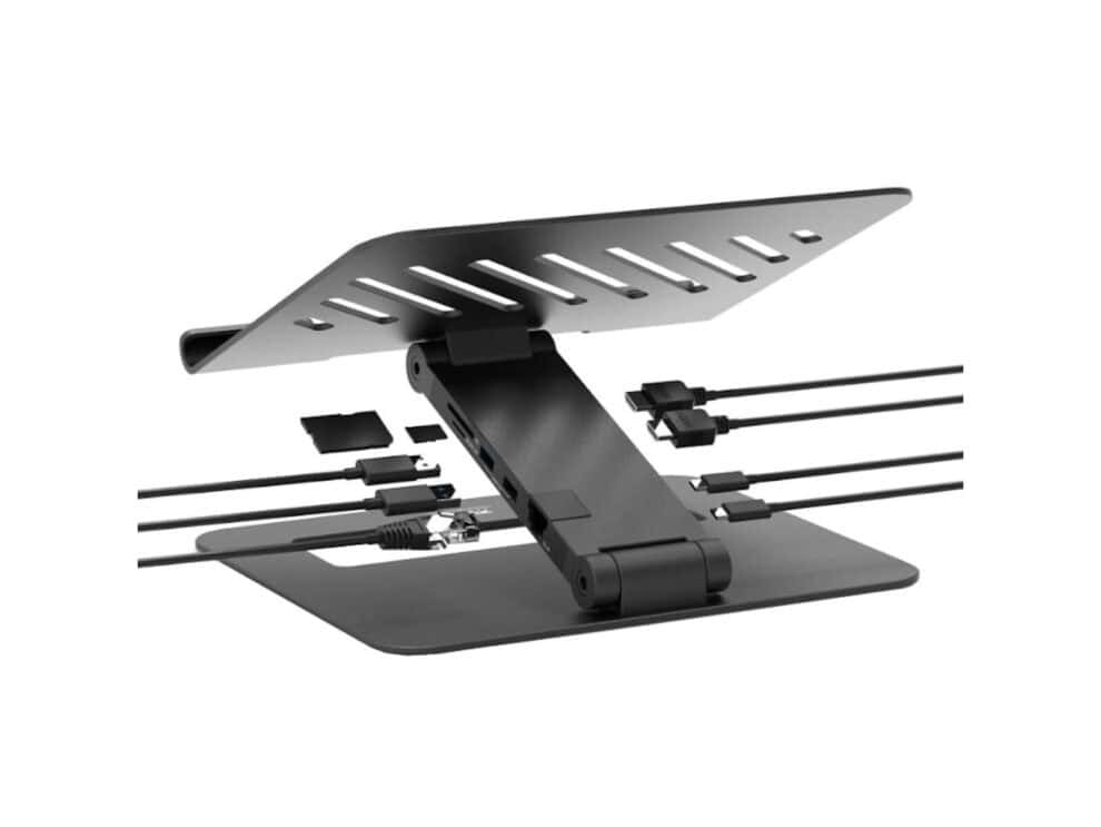 port connect adjustable stand + dock type c to 1 x rj45|2 x usb3.1 gen1|2 x hdmi 4k@60hz|1 x type c|pd85w|sdand micro sd reader