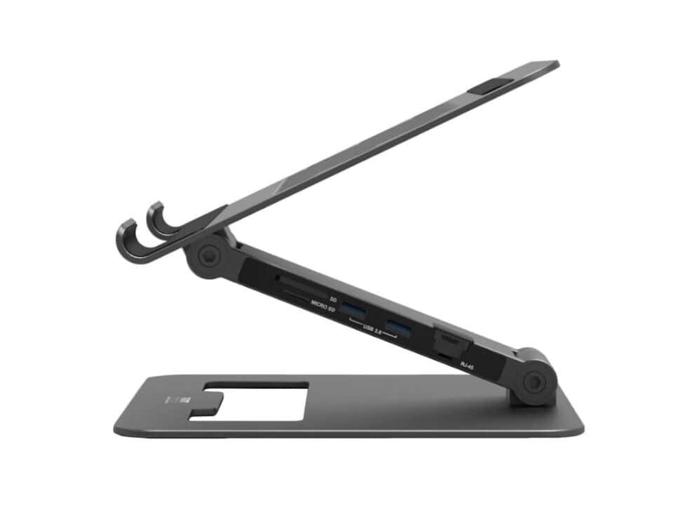 port connect adjustable stand + dock type c to 1 x rj45|2 x usb3.1 gen1|2 x hdmi 4k@60hz|1 x type c|pd85w|sdand micro sd reader