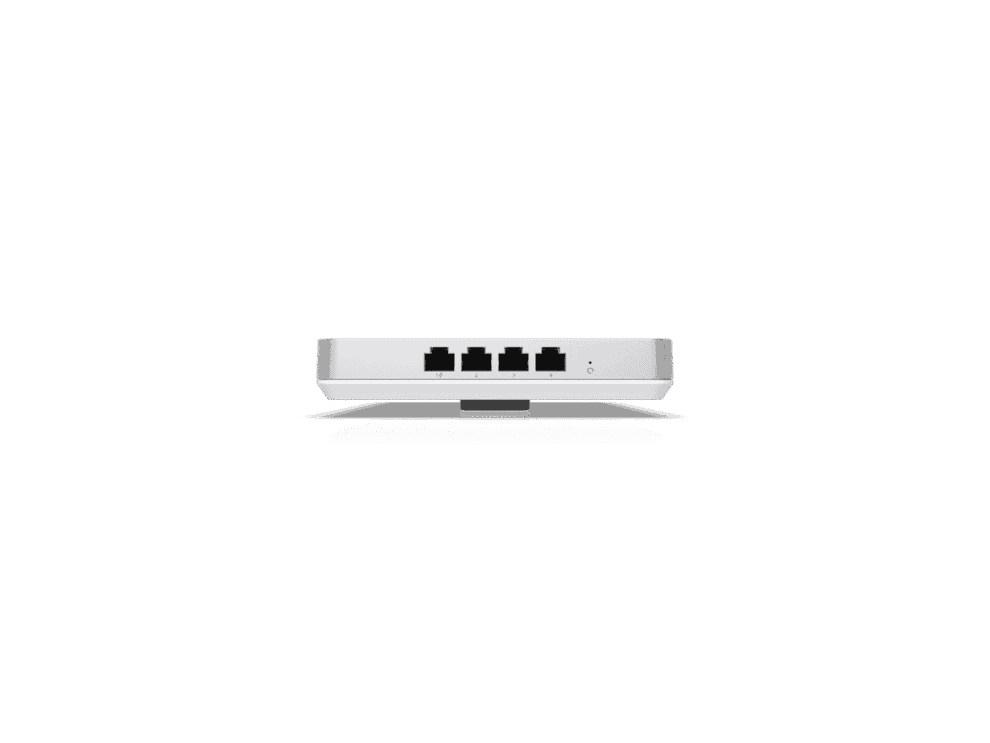 White Wi-Fi router on black background.