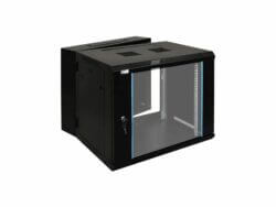 Black server rack cabinet with glass door.