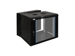 Black server rack cabinet with glass door.