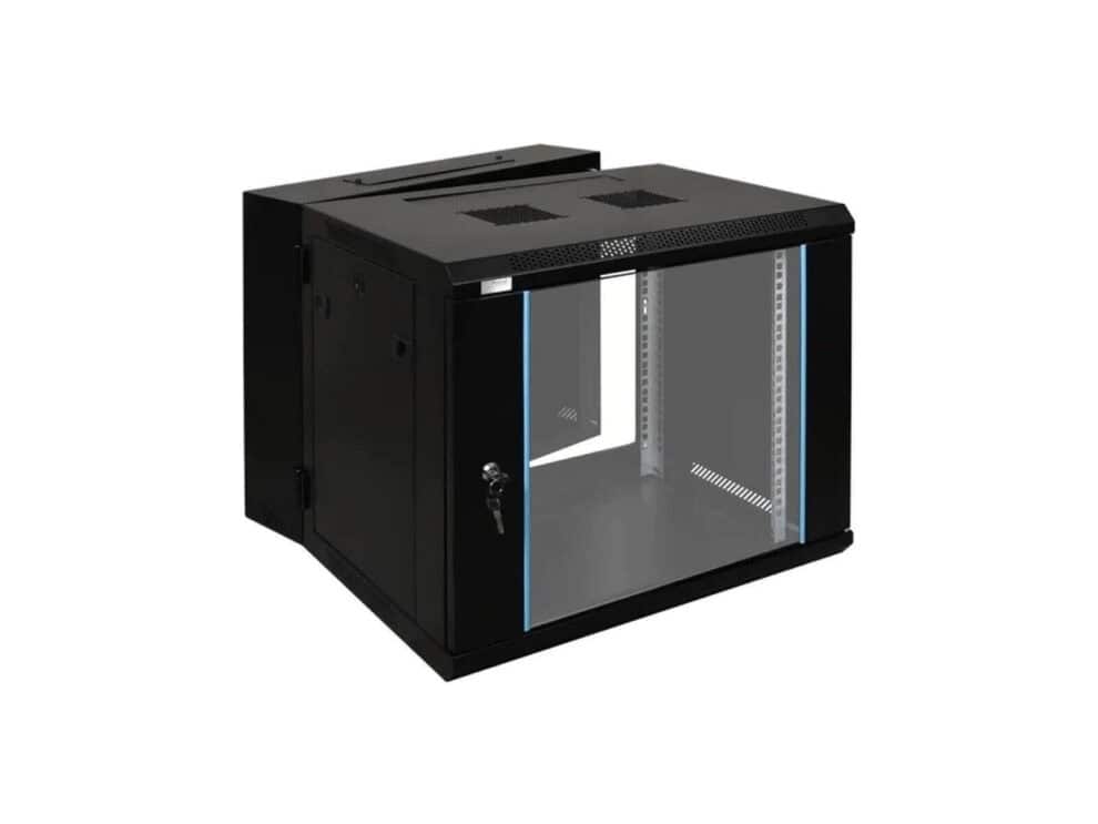 zone lite 9u wallbox 400 deep + 200 swing frame + single fan black Black server rack cabinet with glass door.