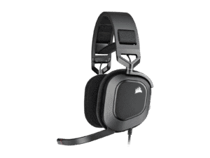 Black gaming headphones on black background.