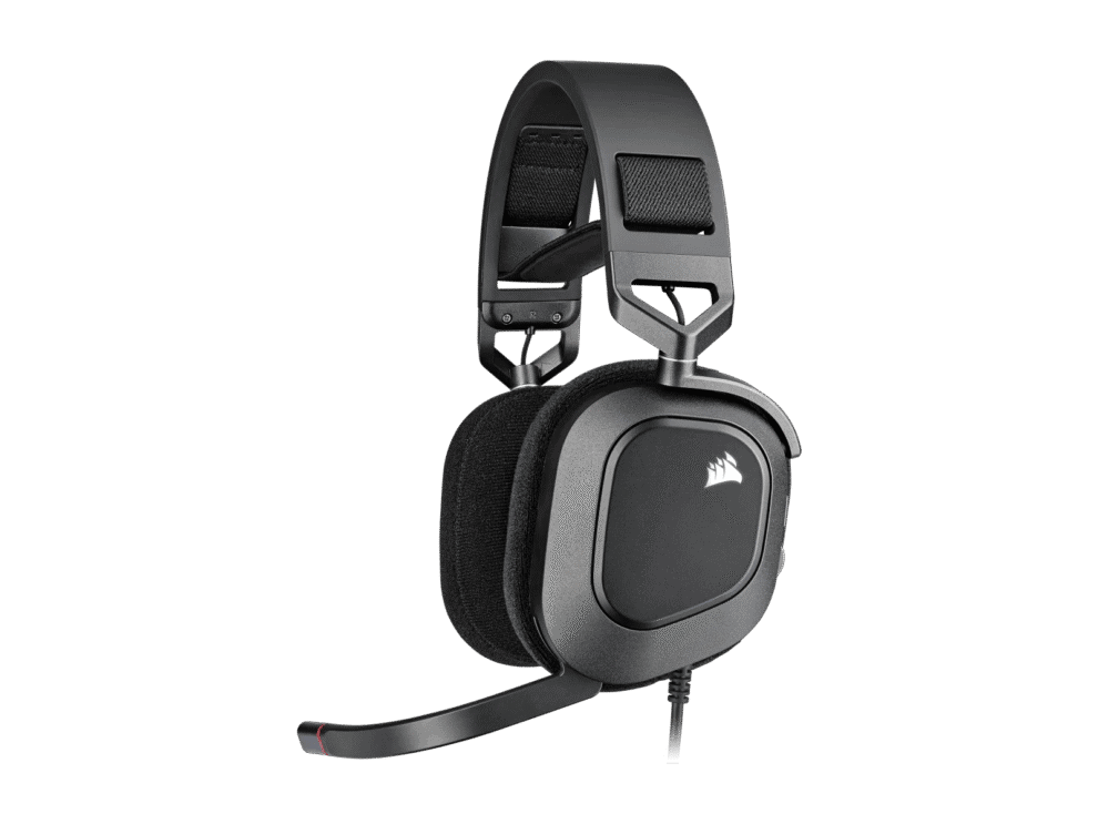 Black gaming headphones on black background.