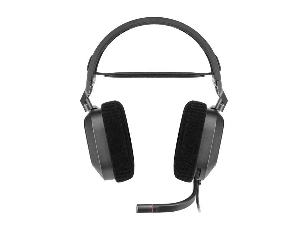 Black gaming headset with microphone on black background.