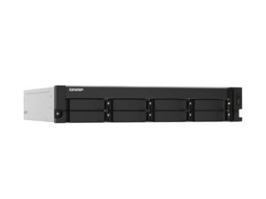 QNAP network-attached storage device with hard drives.