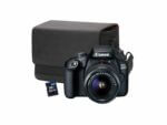 Canon EOS 4000D camera with lens and accessories.