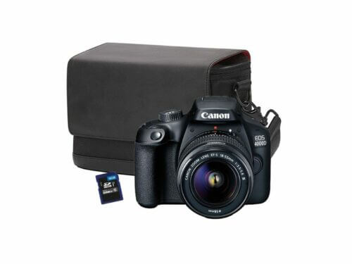Canon EOS 4000D camera with lens and accessories.