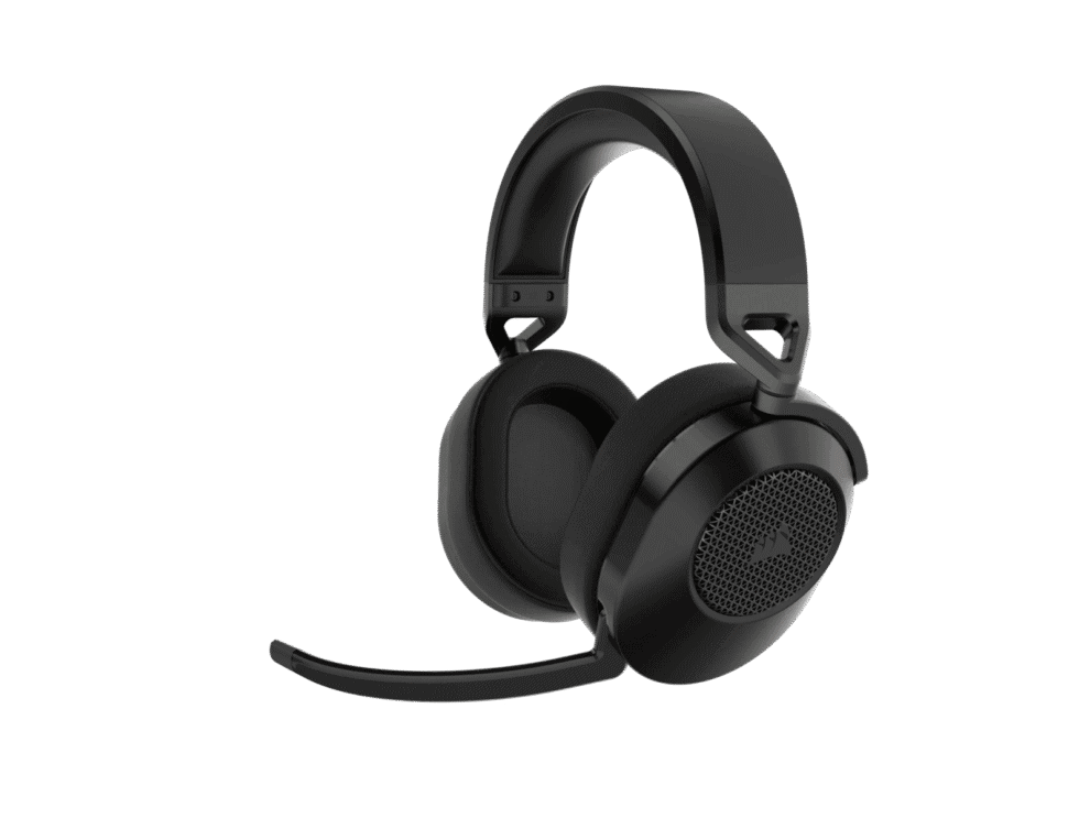 corsair hs65 wireless gaming headset; carbon Black gaming headset with microphone on white background.