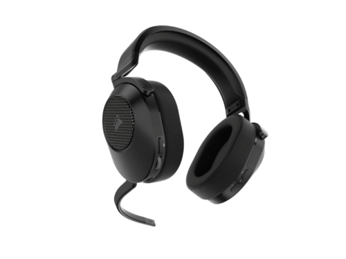 Black gaming headset with microphone on white background