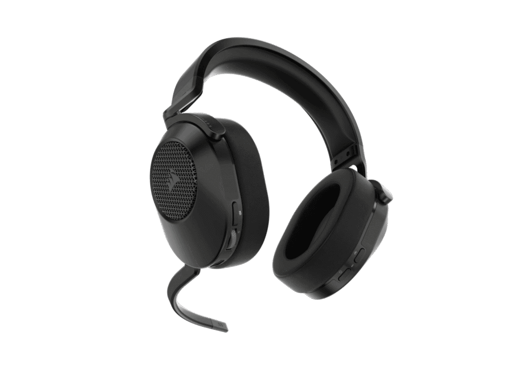 Black gaming headset with microphone on white background