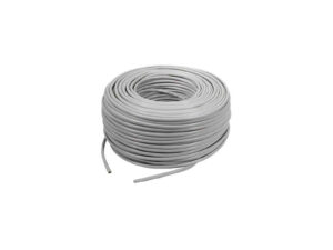 Coiled grey electrical cable on white background.