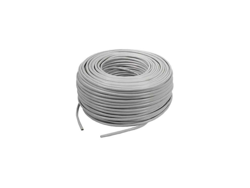 acconet 305m pull box, grey, solid copper, utp, cat5e cable (indoor use) Coiled grey electrical cable on white background.