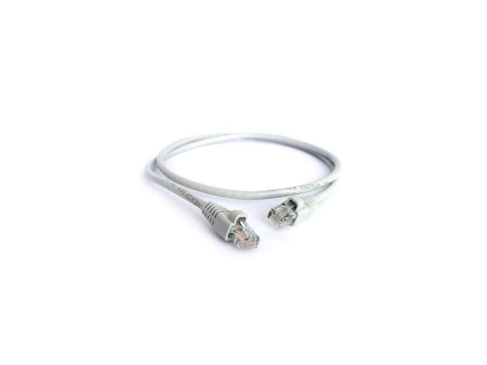acconet cat5e utp flylead, 1 meter, straight (t568b) stranded cable, moulded boots and plugs, grey Ethernet cable on white background.