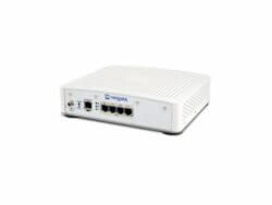 White compact network security appliance on white background.