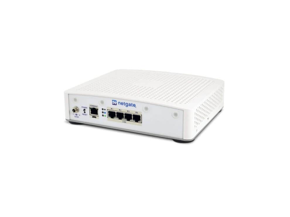 White compact network security appliance on white background.