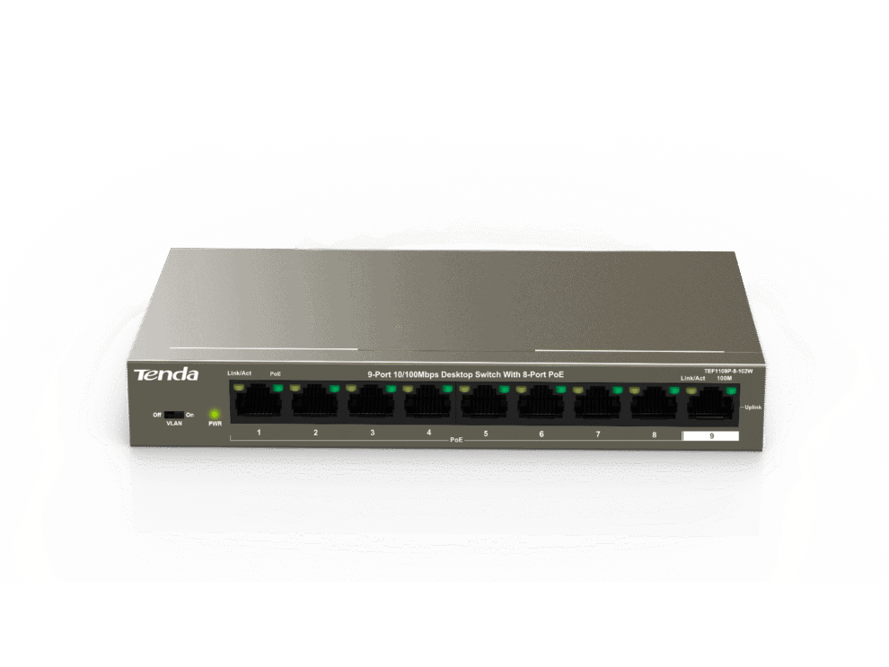 tenda 9 port fast ethernet desktop switch with 8 port poe | tef1109p 8 102w