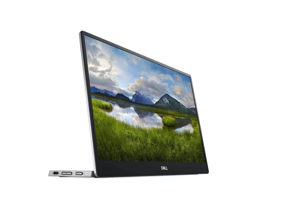 Dell monitor displaying vibrant landscape image.